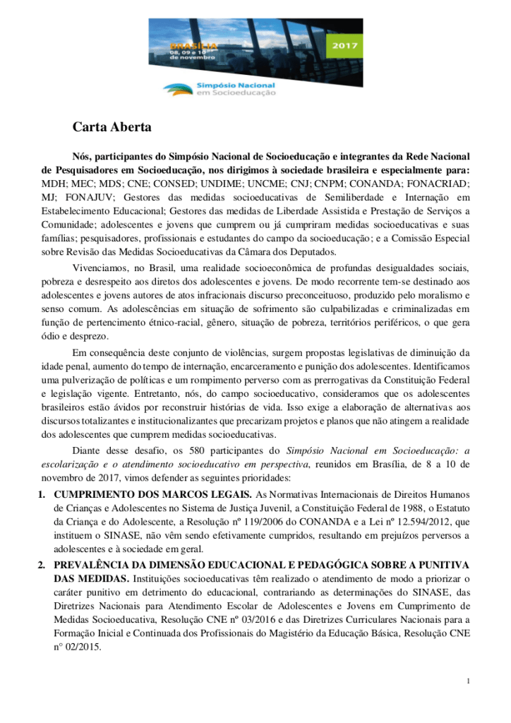 Carta Aberta Simposio Nacional em Socioeducacao Rede Nacional de Pesquisadores em Socioeducacao novembro2017